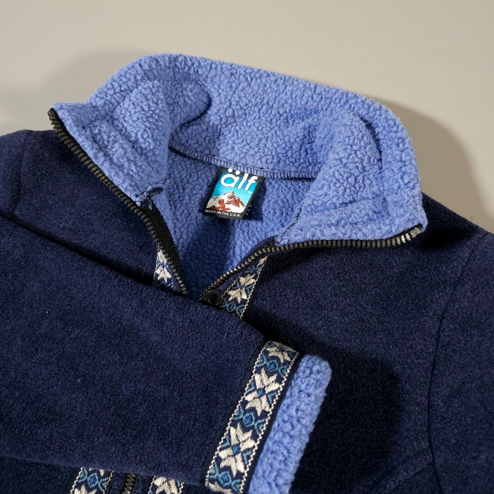 Alf Fleece Jacket Womens Small Navy Blue Nordic Snowflake Full Zip Vintage USA